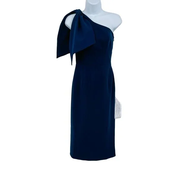Dress the Population Tiffany Orchard One Shoulder Midi Dress Bow Shoulder Blue - Picture 2 of 10